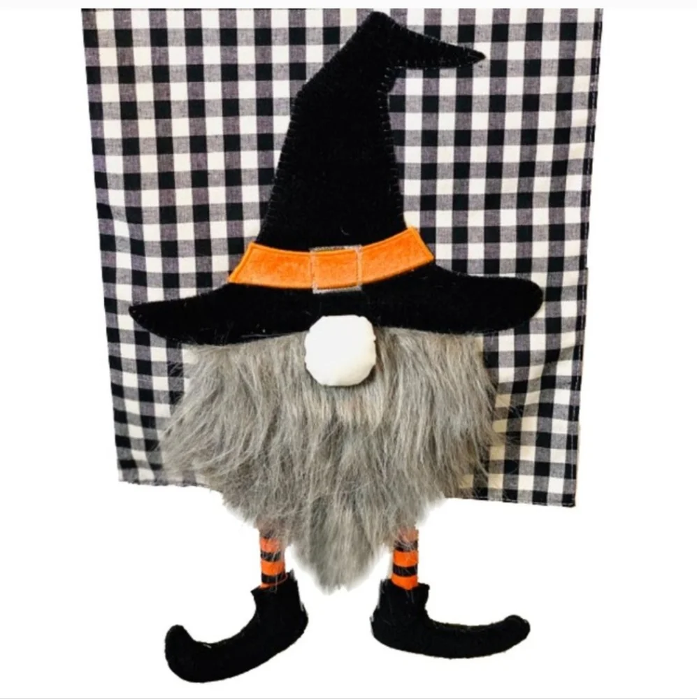 Halloween 100% Cotton Table Runner Checker White Witch Gnome Faux Fur Beard Long